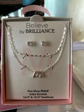 Believe by BRILLIANCE Silver Layered 'M' Necklace Set with Pink Accent